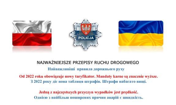 Grafika przedstawiająca flagi Polską i Ukraińską. Pomiędzy nimi znajduje się odznaka policyjna. Poniżej tekst w języku polskim i ukraińskim dotyczący najważniejszych przepisów ruchu drogowego