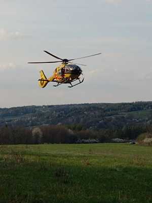 Zdjęcie kolorowe wykonane w porze dziennej -przedstawia helikopter lotniczego pogotowia ratunkowego wykonującego transport poszkodowanego w zdarzeniu drogowym