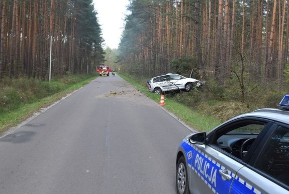 Miejsce wypadku drogowego. na pierwszym tle znajduje się radiowóz. W oddali po prawej stronie widoczny jest samochód który uderzył w przydrożne drzewo.