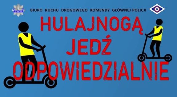 Grafika przedstawiająca dwie osoby jadące na hulajnodze w kamizelkach odblaskowych oraz napis o treści Hulajnogą jedź odpowiedzialnie.