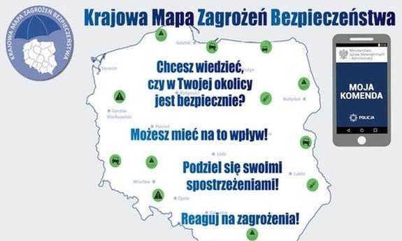 Grafika przedstawiająca Krajową Mapę Zagrożeń Bezpieczeństwa oraz Aplikację Moja Komenda