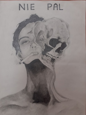 Na zdjęciu jest praca plastyczna z wizerunkiem kobiecej twarzy i czaszki z napisem powyżej nie pal