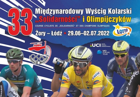 plakat promujący wyścig, na plakacie kolarze, data oraz trasa wyścigu kolarskiego