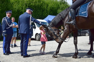 Komendant Główny Policji wraz z Komendantem Wojewódzkim Policji w Rzeszowie odwiedzają piknik policyjny w Białym Ogrodzie. Na zdjęciu komendanci wraz z policjantami pełniącymi służbę na koniach.