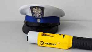 Urządzenie do pomiaru stanu trzeźwości w tle czapka policjanta ruchu drogowego.