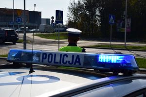 Na pierwszym planie belka radiowozu, przed pojazdem stoi policjant, w tle widać ulice i samochody