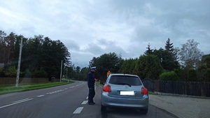 policjanci w czasie działań, funkcjonariusz ruchu drogowego podczas kontroli drogowej pojazdu