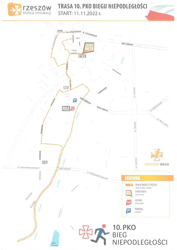 Na zdjęciu plan ulic Rzeszowa, na którym zaznaczono trasę biegu pomarańczową, przerywaną linią.