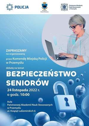 zdjecie przedstawia plakat - zaproszenie na debatę &quot;Bezpieczeństwo senirów&quot;.