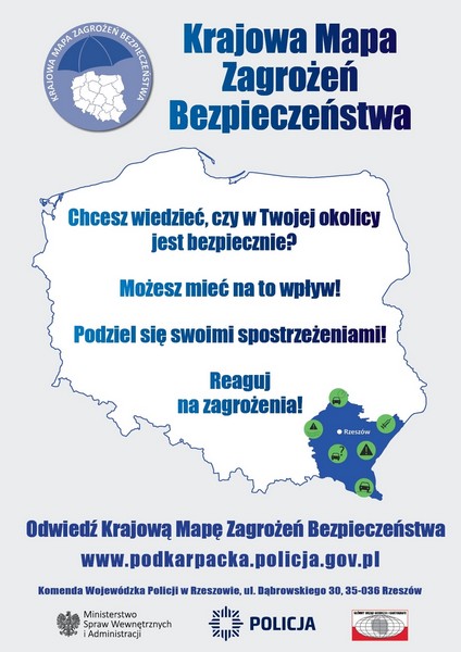 grafika promująca Krajową Mapę Zagrożeń Bezpieczeństwa. W lewym górnym rogu kontury Polski pod niebieskim parasolem, obok napis Krajowa Mapa Zagrożeń Bezpieczeństwa. Poniżej powtórzona grafika konturów Polski z informacjami dotyczącymi działania mapy