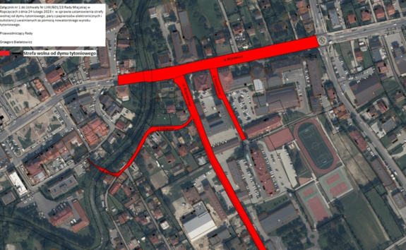 Zdjęcie przedstawia mapę Ropczyc - Śródmieście, na której sa zaznaczone na czerwono ul. Mickiewicza, Kilińskiego, Wyspiańskiego, Konopnickiej oraz Grendysa na których ustanowiono strefę wolną od dymu tytoniowego.