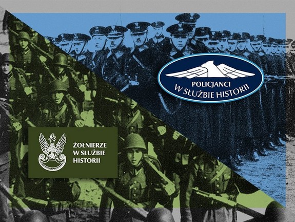 Grafika przedstawiająca dwie archiwalne fotografie żołnierzy i policjantów z napisami: na niebieskim tle tekst – policjanci w służbie historii oraz w lewej części grafiki, na zielonym tle – żołnierze w służbie historii