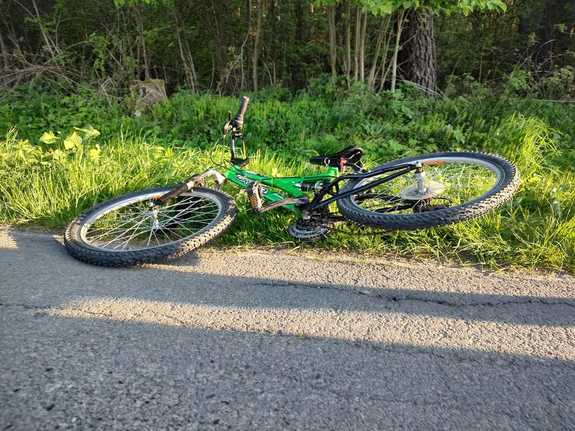 Na zdjęciu częściowo na drodze, częściowo w pasie zieleni lezy rower koloru zielonego.