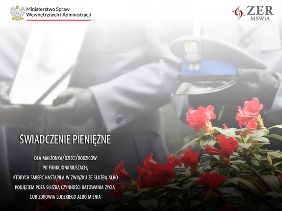 zdjęcie przedstawiające postać w mundurze policyjnym , w dolnym rogu czerwone kwiaty