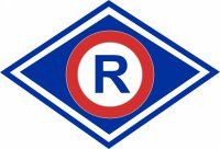 symbol Ruchu Drogowego . duża litera R w czerwonym kole.  umieszczona na równoległoboku z granatową otoczką