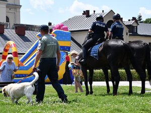 policyjny patrol konny oraz funkcjonariusz Służby Celnej z psem