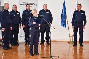 Policjanci podczas konkursu na najlepszego oskarżyciela publicznego, funkcjonariusze umundurowani, w auli komendy wojewódzkiej.