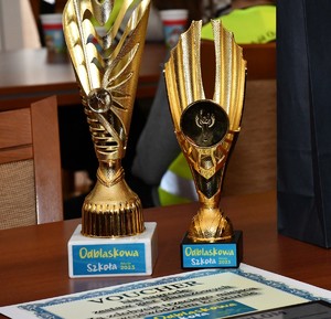W auli Komendy Wojewódzkiej Policji w Rzeszowie laureaci konkursu Odblaskowa Szkoła odbierają nagrody.
