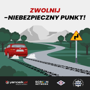 plakat z napisem zwolnij - niebezpieczny punkt