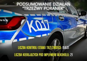 Oznakowany radiowóz z napisami dotyczącymi działań "Trzeźwy poranek"
