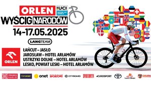 Banner graficzny przedstawiający kolarzy oraz logotypy sponsorów. Na bannerze napisy: ORLEN 
UCI NATIONS CUP UNDER 23 
WYŚCIG NARODÓW 
14-17.05.2025 
LANGTEAM 
ORLEN 
JAROSŁAW-HOTEL ARŁAMÓW 
ŁAŃCUT-JASŁO USTRZYKI DOLNE - HOTEL ARŁAMÓW LESKO, POWIAT LESKI – HOTEL ARŁAMÓW 
POLSKA
