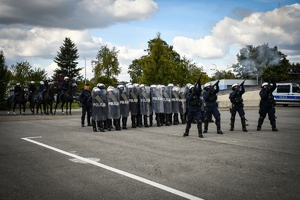 Policyjni jeźdźcy na koniach podczas przygotowań do atestacji na placu Oddziału Prewencji Policji w Rzeszowie