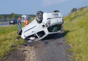 Na zdjęciu pojazd marki renault Clio, który lezy na dachu, widoczne uszkodzenia pojazdu. Obok samochodu stoi ratownik medyczny i drugi mężczyzna. W tle pojazd i droga.