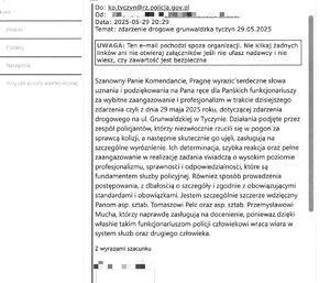 Na zdjęciu treść maila do Komendanta Komisariatu Policji w Tyczynie.
