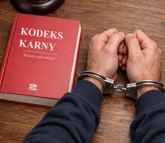 Na zdjęciu kodeks karny w czerwonej oprawie, obok męskie ręce na które założone są kajdanki.