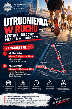 Zdjęcie: Plakat informujący o biegu i występujących utrudnieniach w dniu 27 września 2026 roku