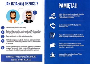 Grafika przestrzegająca przed działalnością oszustów, zatytułowana hasłem: „Jak działają oszuści”. Poniżej grafika uśmiechniętej twarzy mężczyzny w zestawieniu z grafiką tej samej twarzy ale w czarnej przepasce na oczach. Pod zbiorem informacji o działaniach przestępczych zaprezentowano zbiór wskazówek dla osób poszkodowanych przez oszustów.