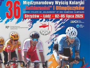 grafika wyścigu przedstawiająca kolarzy, w centralnej części hasło 36 międzynarodowy wyścig kolarski "Solidarności" i olimpijczyków