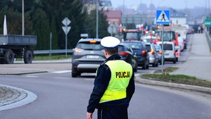 Zdjęcie policjata podczas pełnienia obowiązków na drodze.