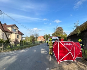 Na zdjęciu od prawej strony u dołu zdjęcia widoczny oparty o ogrodzenie plecak szkolny koloru czarnego, a dalej za nim bluza koloru czarnego. Dalej widać rozłożony parawan koloru czerwonego z napisem STRAŻ trzymany przez umundurowanych strażaków. Po lewej stronie od parawanu widoczna wyasfaltowana droga. Dalej w tle widoczny dach samochodu dostawczego, a za nim część wozu bojowego straży pożarnej. Po lewej stronie zdjęcia widoczne ogrodzenie i teren prywatnej posesji z zabudowaniem domu jednorodzinnego. Na końcu kadru po lewej stronie widoczny ceglany dom jednorodzinny. Na końcu kadru z tyłu zdjęcia widoczne zadrzewienia.