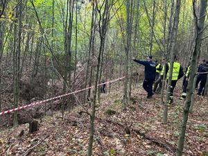 Zdjęcie wykonane w lesie, otoczenie zdjęcia to zadrzewienia, połamane gałęzie. Patrząc o prawej strony widać stojących umundurowanych policjantów i strażaków, dalej na lewo widać roztoczoną taśmę, która zabezpiecza miejsce, w którym znajduje się pocisk.