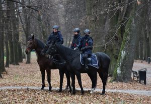 Policjanci na koniach w trakcie zabezpieczenia meczu