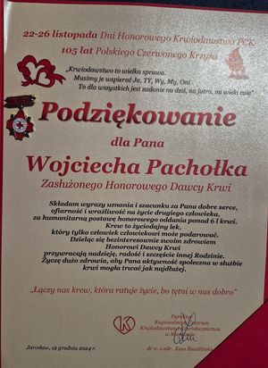 Podziękowanie dla Honorowego Dawcy Krwi Wojciecha Pachołek