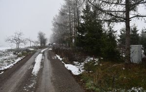 Droga gruntowa.przy lesie. Pora zimowa. W tle samochody oraz postacie osób