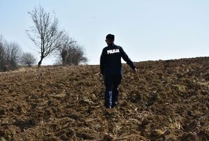 Policjant na polu ornym podczas poszukiwań zaginionego mężczyzny