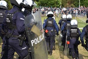 Policjanci zabezpieczają mecz na stadionie