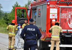Policjant i strażacy w trakcie wspólnych działań