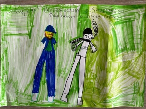 Rysunek przedszkolaków przedstawiający policjanta i bandytę palącego papierosa. Tło jest zielone, u góry napis &quot;dziękujemy, przedszkolaki z społecznego przedszkola w Lipnicy Dolnej&quot;