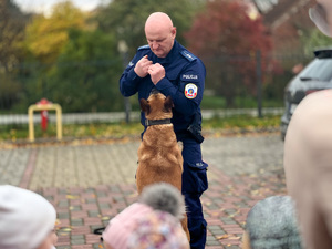 Zdjęcie przedstawia funkcjonariusza policji, który przeprowadza pokaz z udziałem psa służbowego. Na zdjęciu Policjant trzyma złożone ręce, a pies jest na ich wysokości. Na pierwszym planie, w dolnej części widać zarysy sylwetek dzieci, które są zamazane.