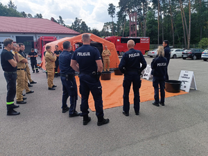 Zdjęcia przedstawiają funkcjonariuszy z Komendy Powiatowej Policji w Leżajsku oraz Komendy Powiatowej Państwowej Straży Pożarnej w Leżajsku podczas szkolenia CBRNE. NA zdjęciach widoczny jest także wóz strażacki.
