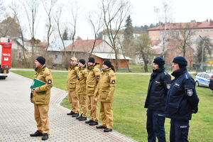 W szeregu stoi dwóch policjantów umundurowaniu służbowym i strażacy PSP w tle trawa.