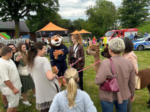 piknik rodzinny  w plenerze policyjna maskotka lew oraz dzieci zgromadzone wokół alpak