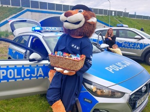 policyjna maskotka lew z koszem słodyczy przy policyjnych radiwowozach