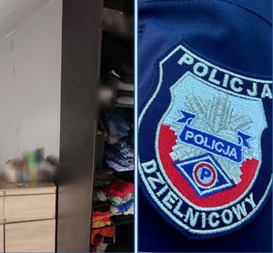 zdjęcie podzielone na dwie części na pierwszej jest fragment domowego pomieszczenia szafa z ubraniami i kawałek komody na drugim emblemat z napisem komenda powiatowa policji dzielnicowy,  OPRACOWANIE grafiki: KPP NISKO