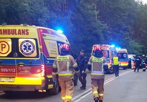 miejsce zdarzenia drogowego karetki pogotowia policjanci strażacy i ratownicy medyczni na drodze międzyleśnej