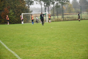 Na boisku piłkarze dwóch drużyn grają w piłę nożną. W oddali widoczna bramka.